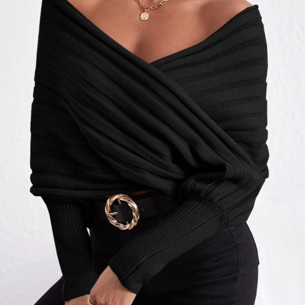 Black Off Shoulder Chunky Knit Overlap Wrap Sweater Top - Picture 8 of 10